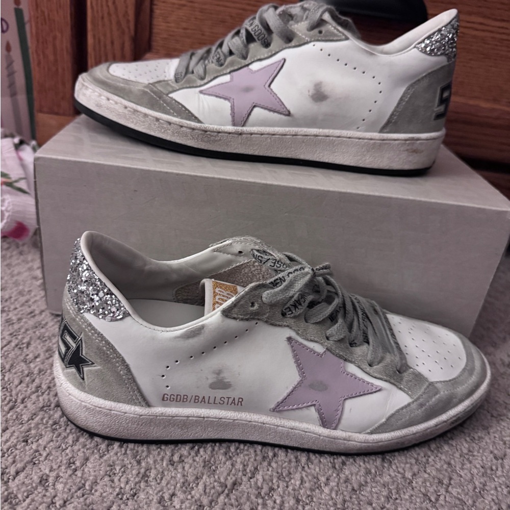 Golden Goose Ballstar Sneakers in White, Lilac, and Silver